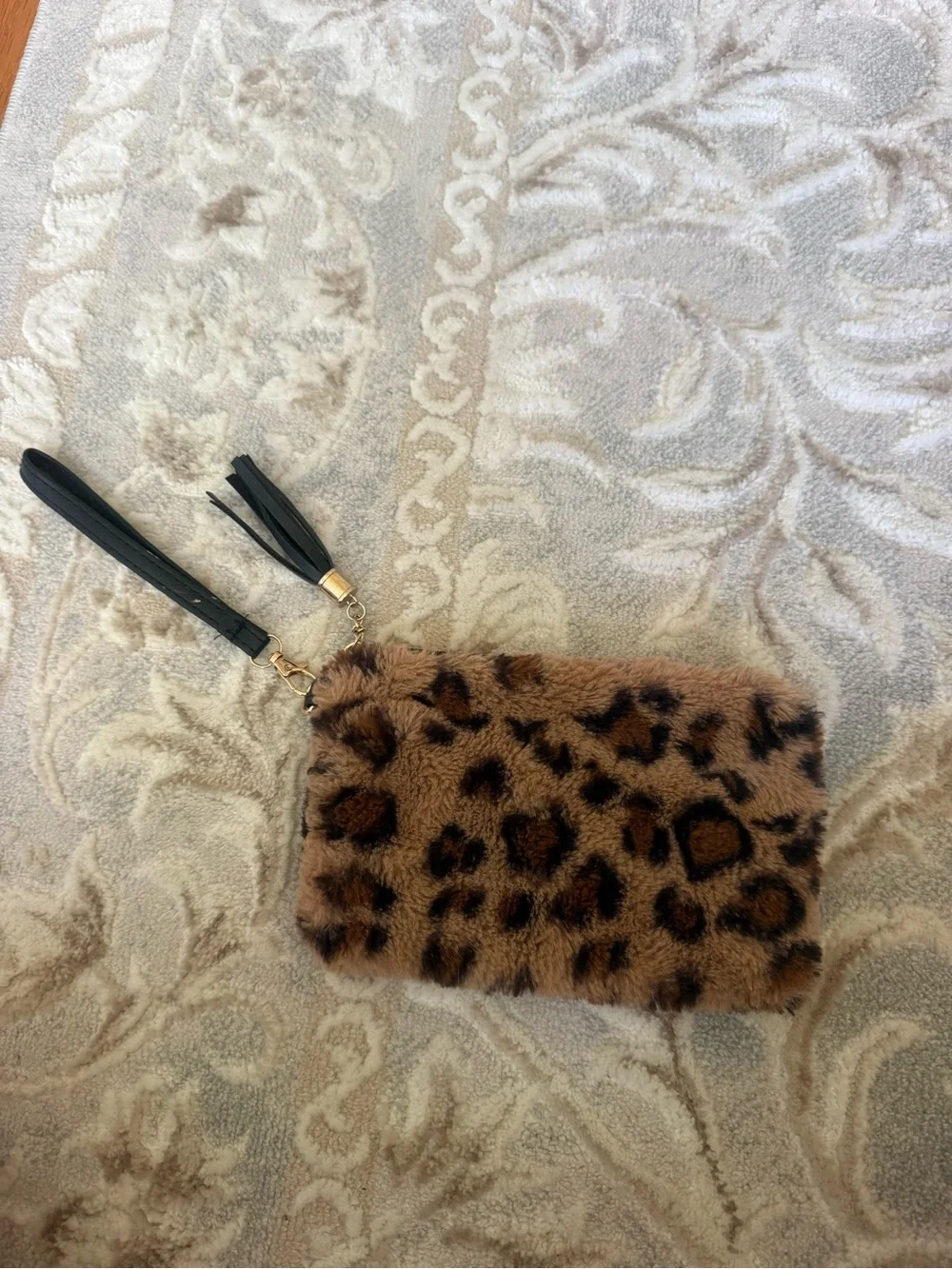 Leopard Print Faux Fur Wristlet Clutch - Brown
